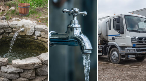 Collage of a water fountain, faucet with running water, and a water truck.