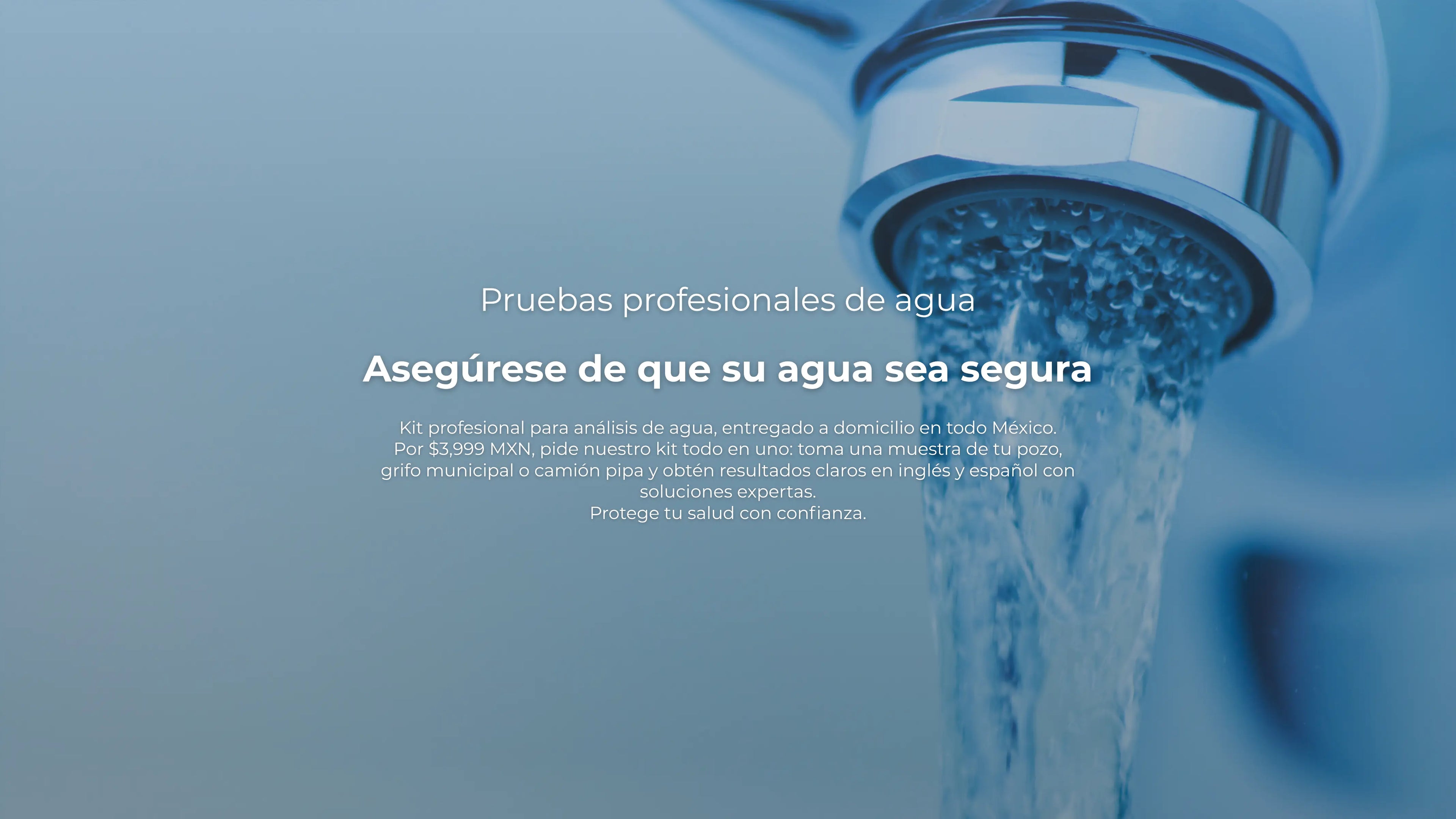 Water flowing from a faucet with text about water safety tests on a blue background