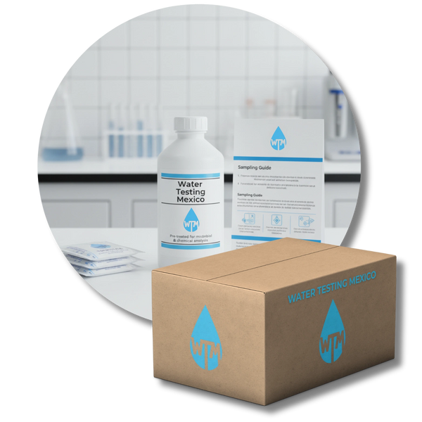 Water testing kit with bottle, box, and sampling guide on a white background