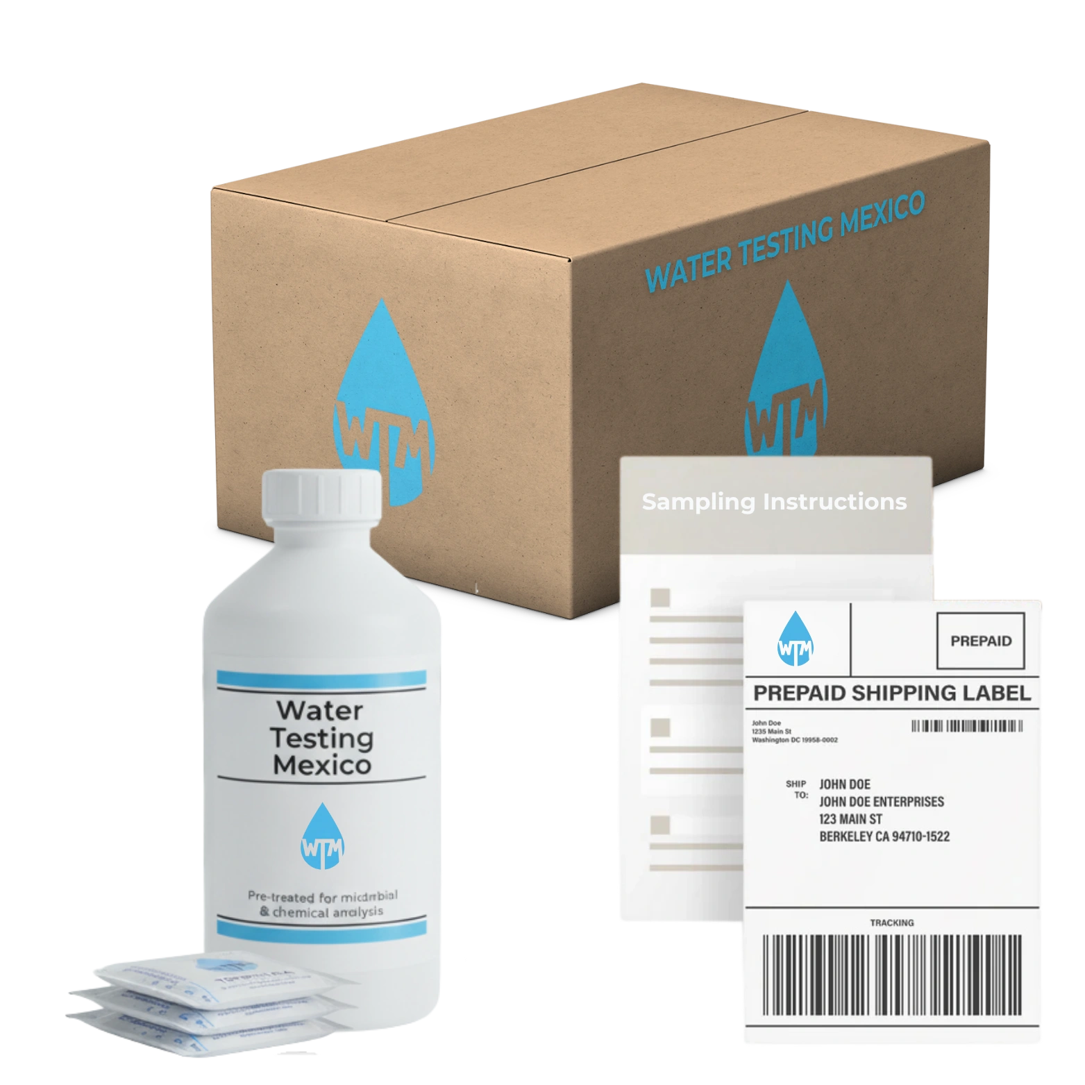 Water testing kit with bottle, box, and prepaid shipping label on a white background
