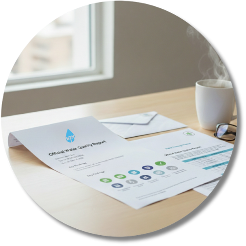 Water quality report on a desk with a cup of coffee