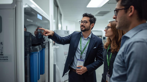 Three people in a water testing & filter manufacturing laboratory setting, examining equipment.
