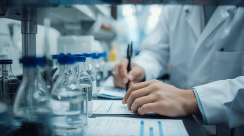 Person in a lab coat working with water testing laboratory equipment and notes.