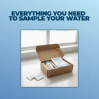 Cardboard box with water sampling kit on a light blue background
