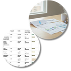 Circular inset of a table with water quality test results on a desk with documents and a mug.