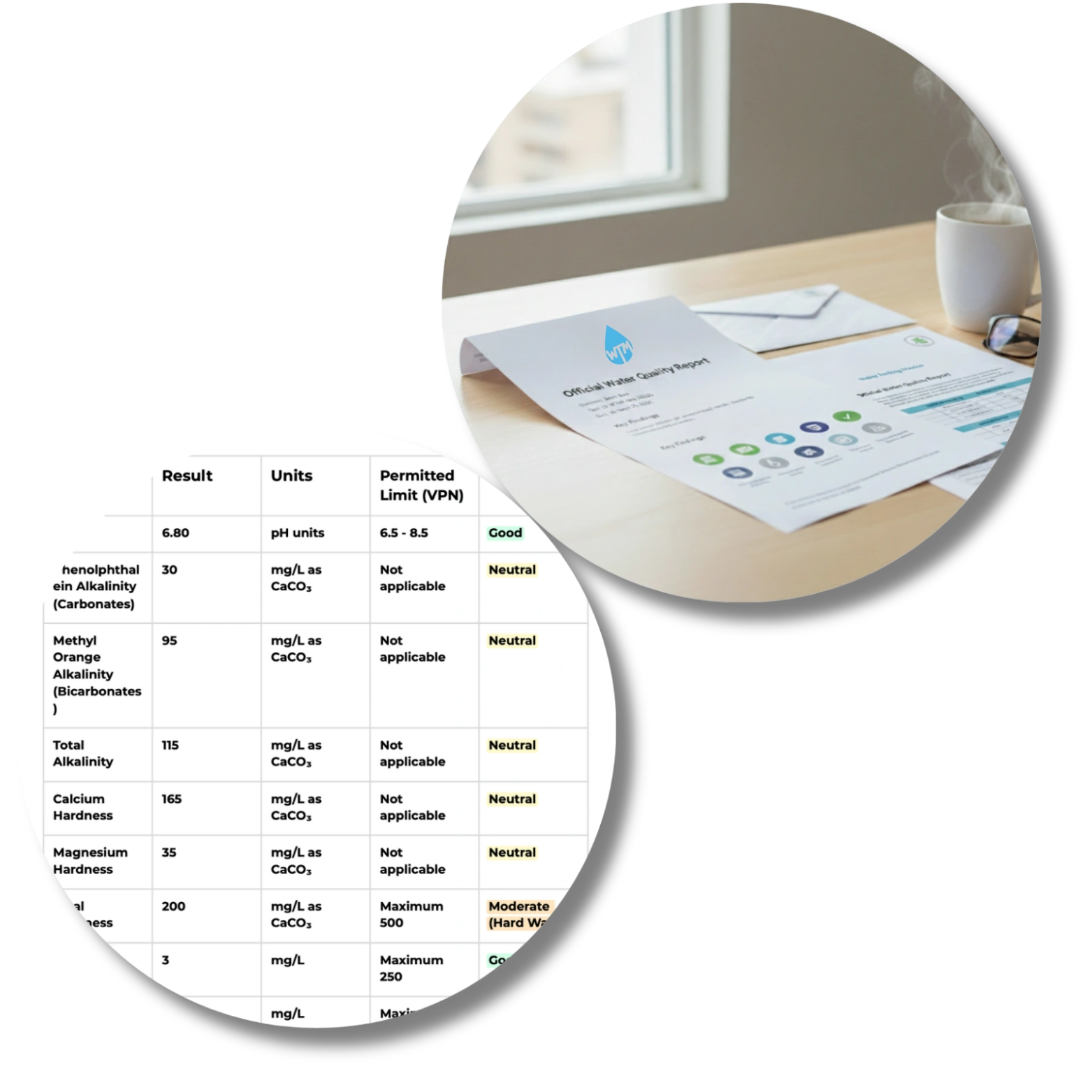 Circular inset of a table with water quality test results on a desk with documents and a mug.