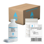 Water testing kit with bottle, box, and prepaid shipping label on a white background