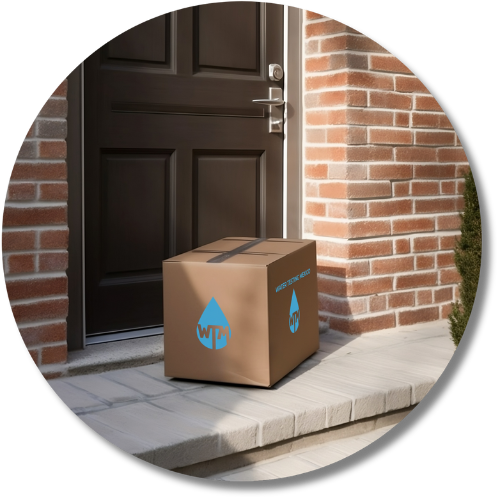 Cardboard box with a logo delivered to a door step.