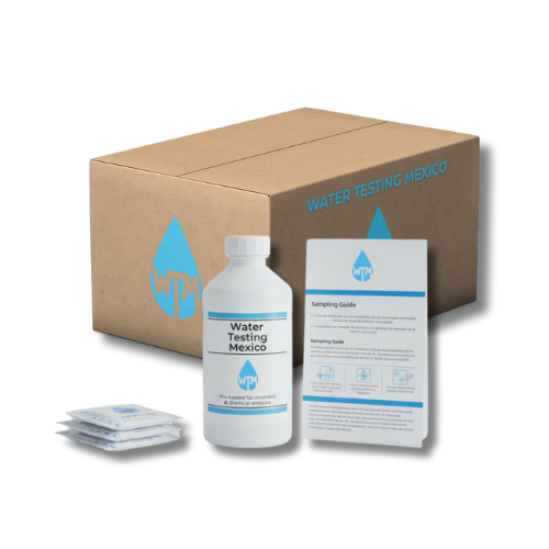 Water testing kit with bottle, packets, and box labeled 'Water Testing Mexico' on a white background.